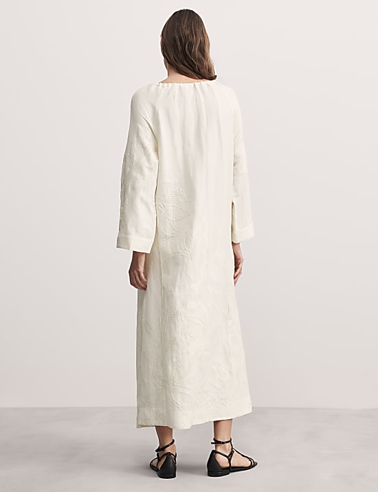 Linen Rich Embroidered Tie Neck Midi Shift Dress