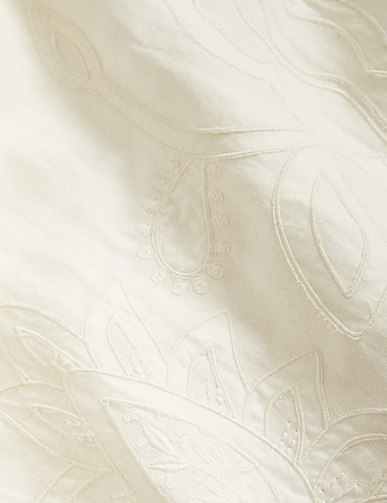 Linen Rich Embroidered Tie Neck Midi Shift Dress