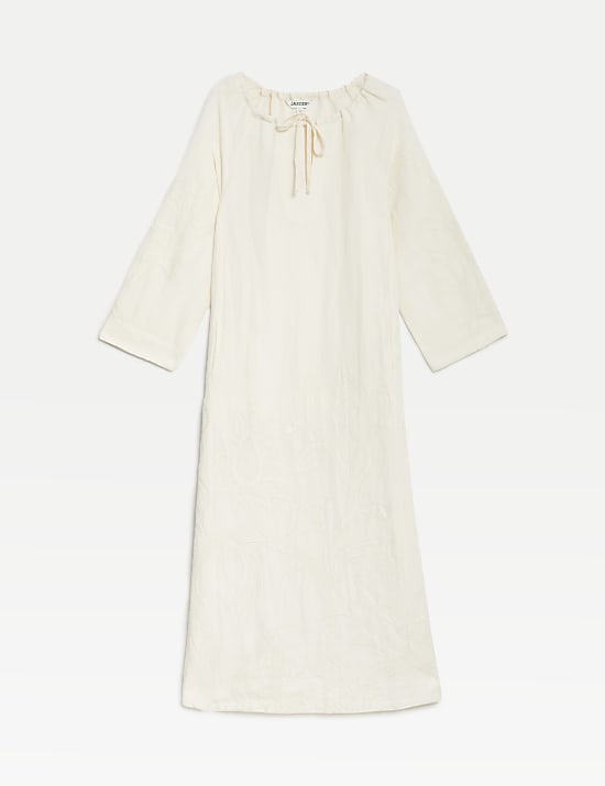 Linen Rich Embroidered Tie Neck Midi Shift Dress