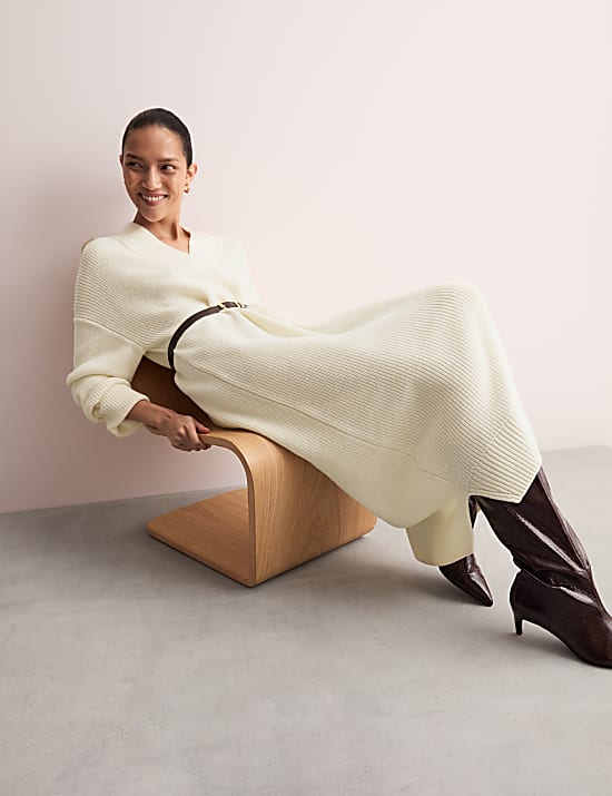 Pure Merino Wool Knitted V-Neck Dress