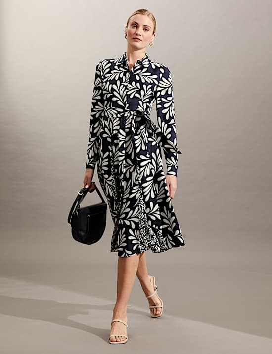 Robe midi style chemise 100&nbsp;% soie &agrave; motif fleuri