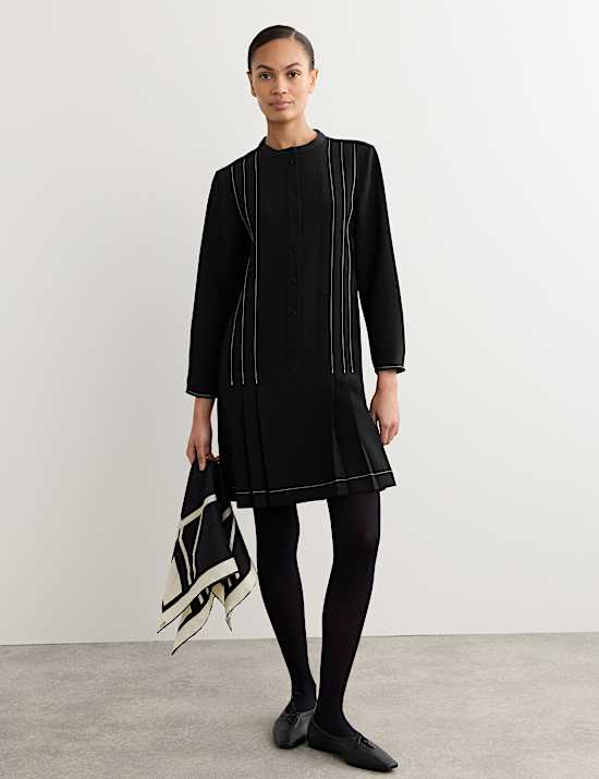 Crepe Pleated Knee Length Shift Dress