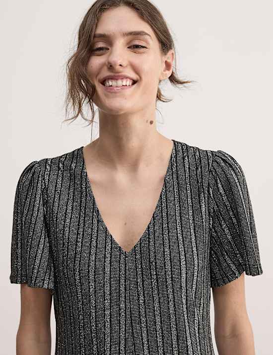 Gaun Skater Midi Kerah V Jersey Metalik