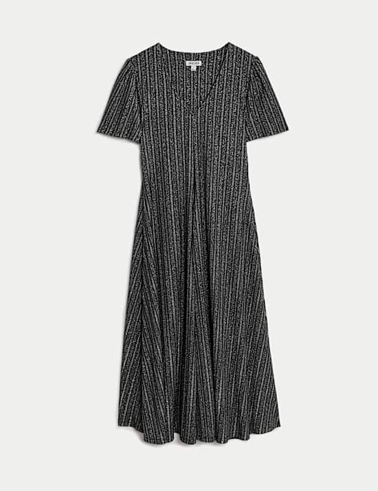 Gaun Skater Midi Kerah V Jersey Metalik