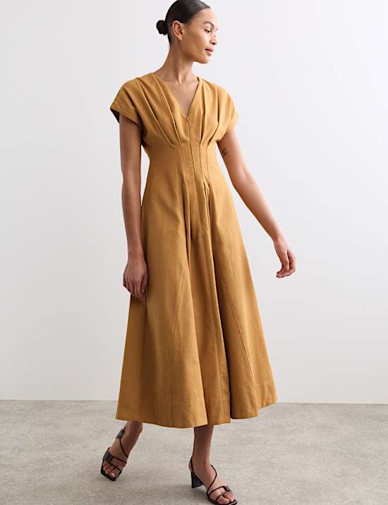 Robe patineuse midi en lyocell m&eacute;lang&eacute; &agrave; col en V