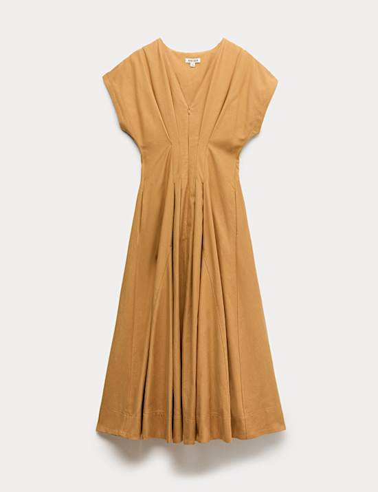 Robe patineuse midi en lyocell m&eacute;lang&eacute; &agrave; col en V