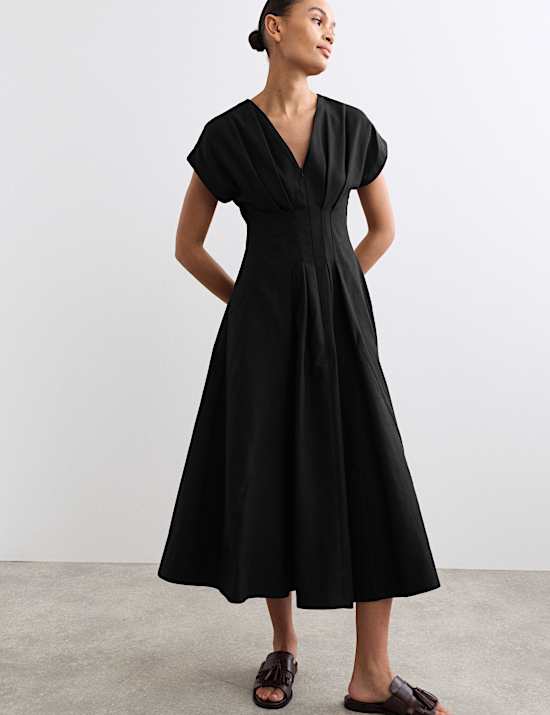 Robe patineuse midi en lyocell m&eacute;lang&eacute; &agrave; col en V