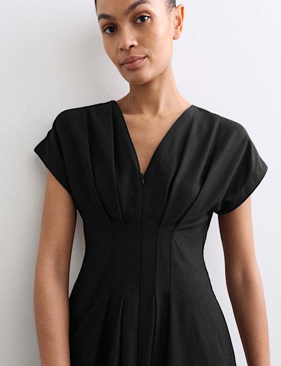 Robe patineuse midi en lyocell m&eacute;lang&eacute; &agrave; col en V