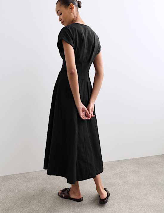 Robe patineuse midi en lyocell m&eacute;lang&eacute; &agrave; col en V