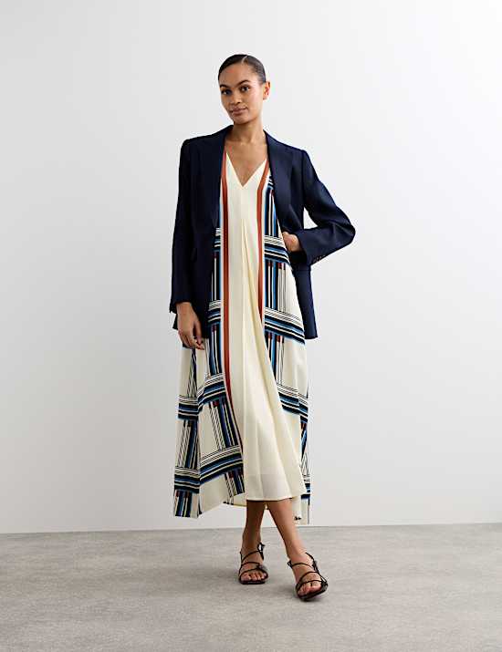 Robe midi coupe droite &agrave; carreaux et col en V