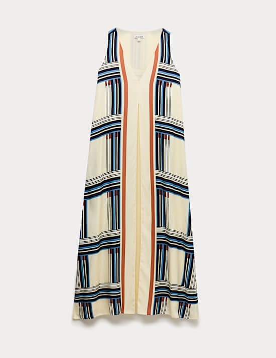 Robe midi coupe droite &agrave; carreaux et col en V