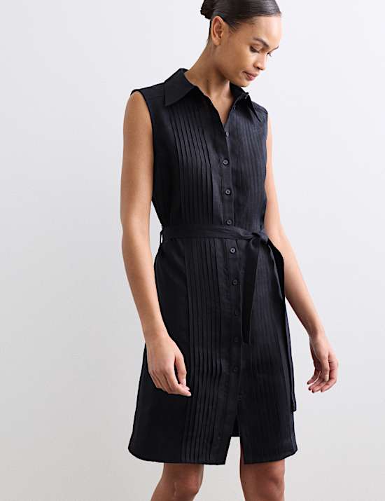 Robe chemise pliss&eacute;e longueur genou 100 % lin