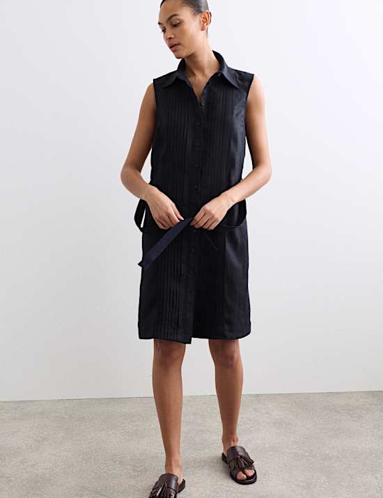 Robe chemise pliss&eacute;e longueur genou 100 % lin