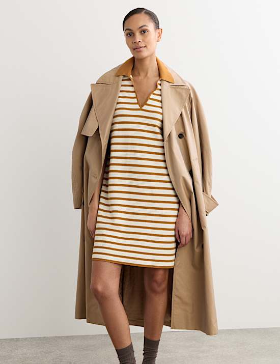 Cotton Blend Knitted Striped V-Neck Dress