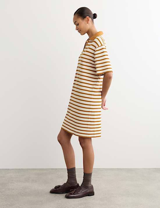 Cotton Blend Knitted Striped V-Neck Dress