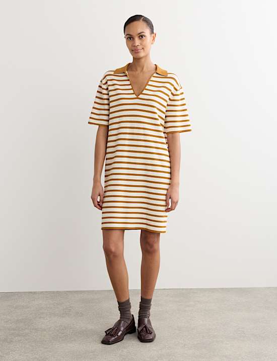 Cotton Blend Knitted Striped V-Neck Dress