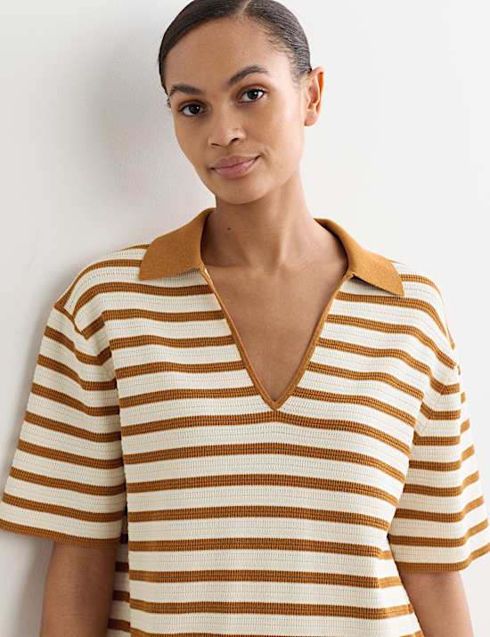 Cotton Blend Knitted Striped V-Neck Dress