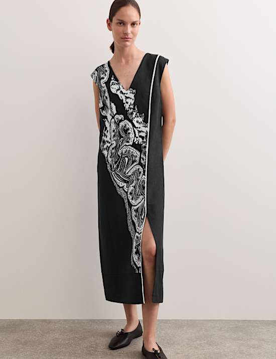 Robe midi 100 % lin &agrave; col en V et motif corail