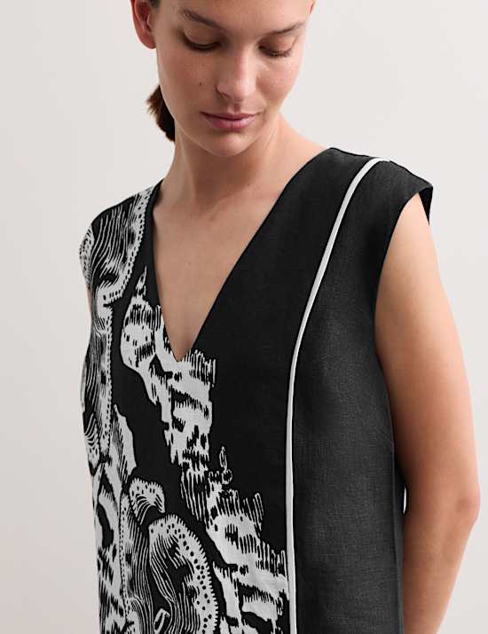 Robe midi 100 % lin &agrave; col en V et motif corail