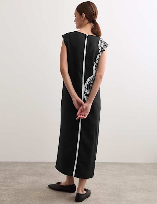 Robe midi 100 % lin &agrave; col en V et motif corail