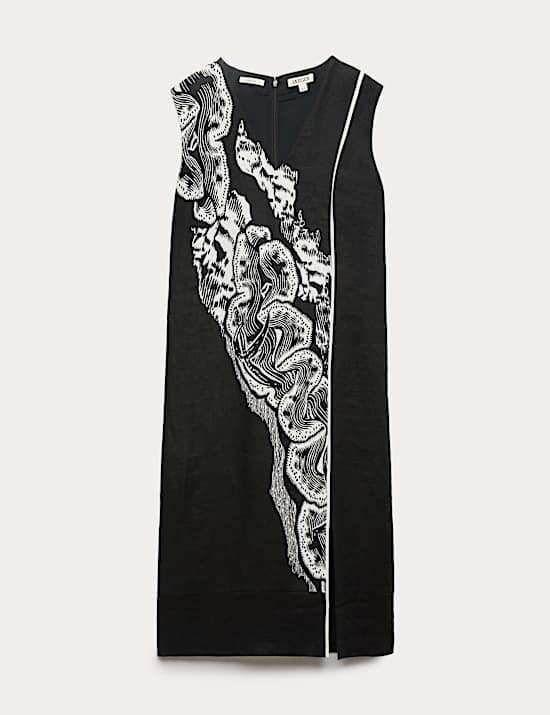 Robe midi 100 % lin &agrave; col en V et motif corail