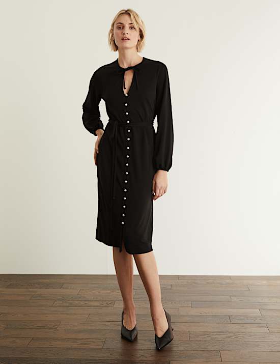 Jersey Tie Neck Button Through Midi Dress