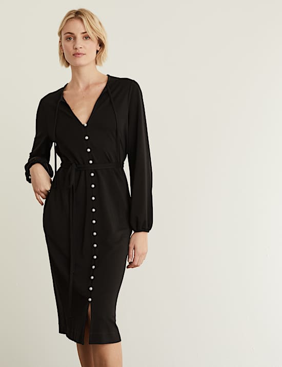 Jersey Tie Neck Button Through Midi Dress