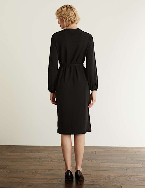 Jersey Tie Neck Button Through Midi Dress