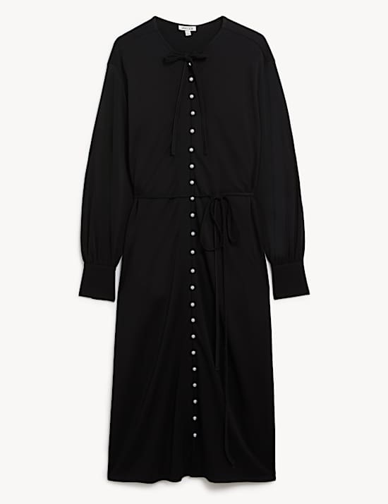 Jersey Tie Neck Button Through Midi Dress