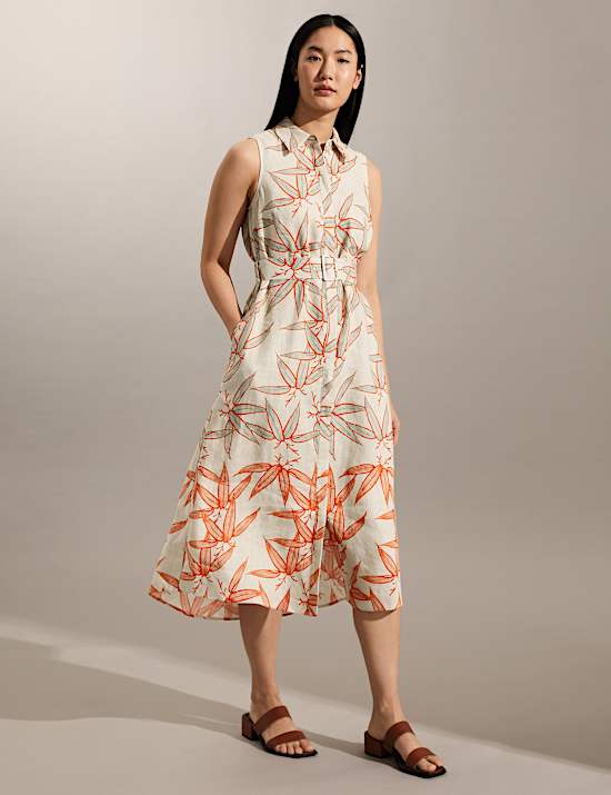 Pure Linen Floral Midi Skater Dress