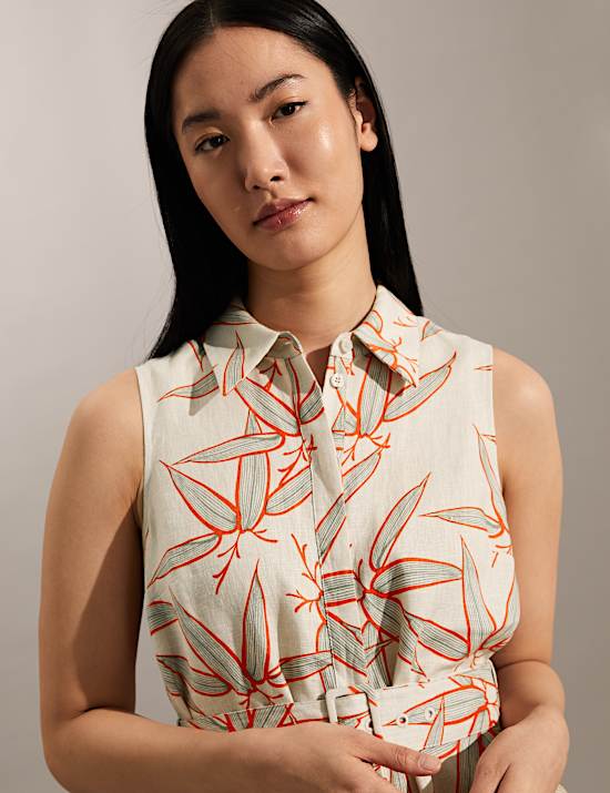 Pure Linen Floral Midi Skater Dress