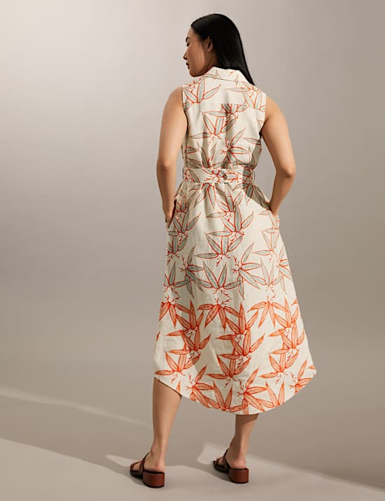 Pure Linen Floral Midi Skater Dress