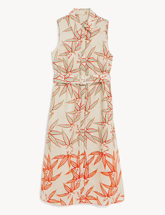 Pure Linen Floral Midi Skater Dress