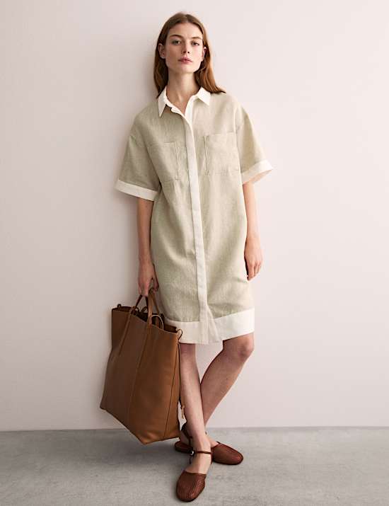 Pure Linen Knee Length Shirt Dress