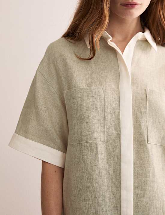 Pure Linen Knee Length Shirt Dress