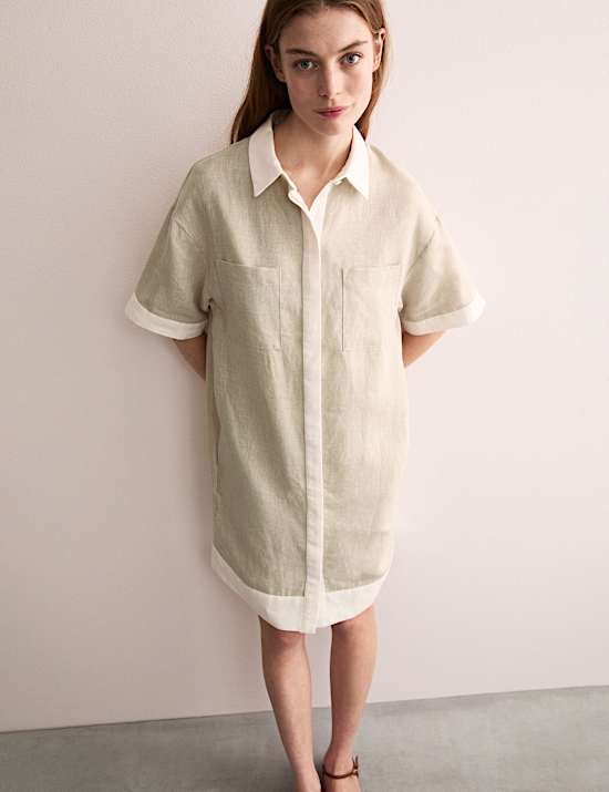 Pure Linen Knee Length Shirt Dress
