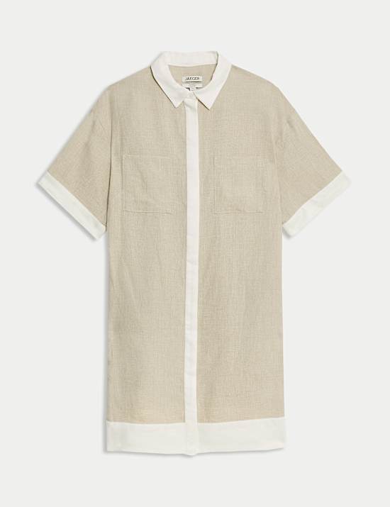 Pure Linen Knee Length Shirt Dress