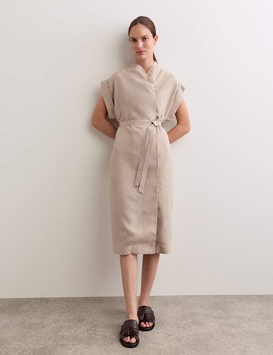 Pure Linen V-Neck Midi Wrap Dress