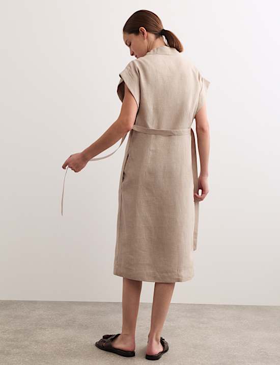Pure Linen V-Neck Midi Wrap Dress