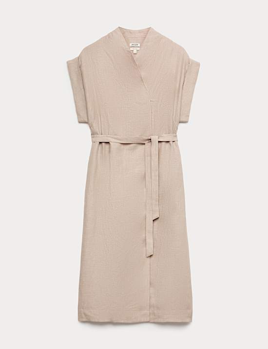 Pure Linen V-Neck Midi Wrap Dress