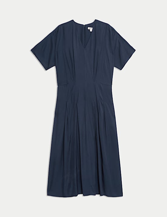V-Neck Pintuck Midi Waisted Dress