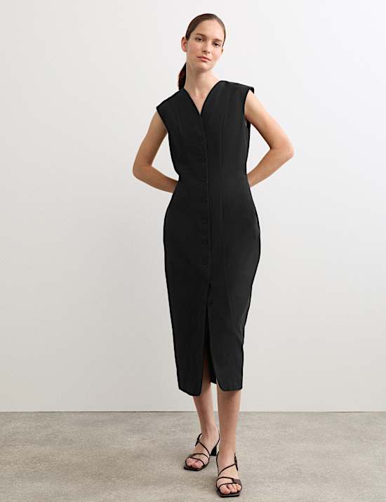 Cotton Blend V-Neck Midaxi Column Dress