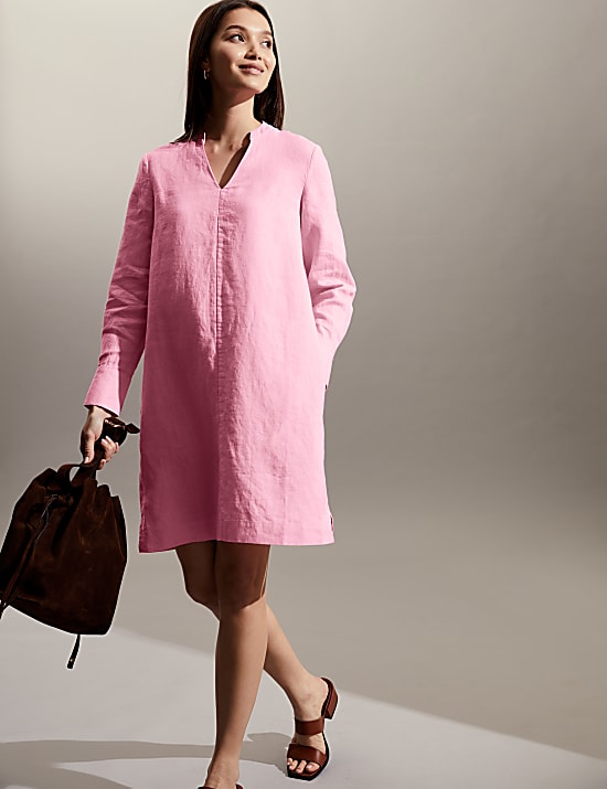 Robe tube 100&nbsp;% lin longueur genou &agrave; col V