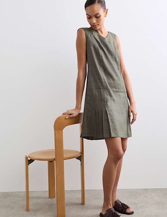 Linen Blend V-Neck Knee Length Shift Dress