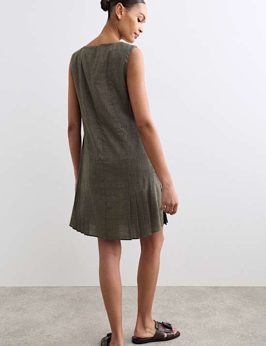 Linen Blend V-Neck Knee Length Shift Dress
