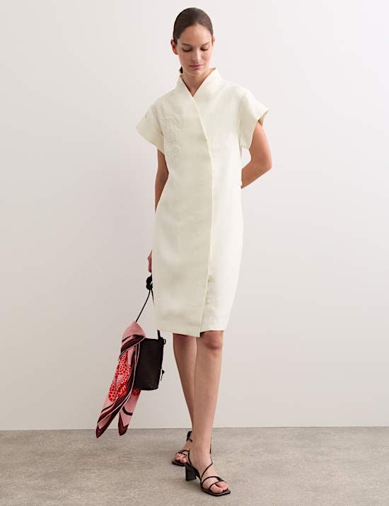 Pure Linen Embroidered V-Neck Wrap Dress