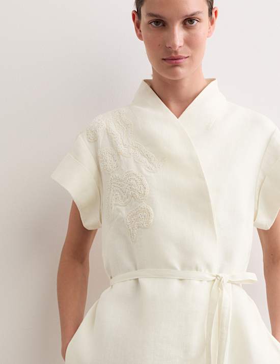 Pure Linen Embroidered V-Neck Wrap Dress