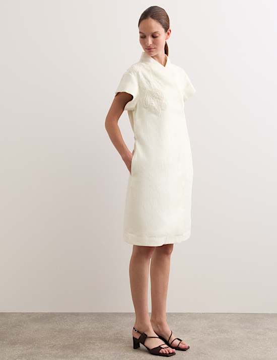 Pure Linen Embroidered V-Neck Wrap Dress