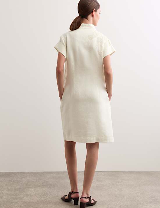 Pure Linen Embroidered V-Neck Wrap Dress