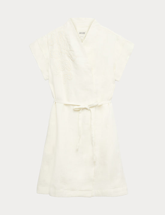 Pure Linen Embroidered V-Neck Wrap Dress
